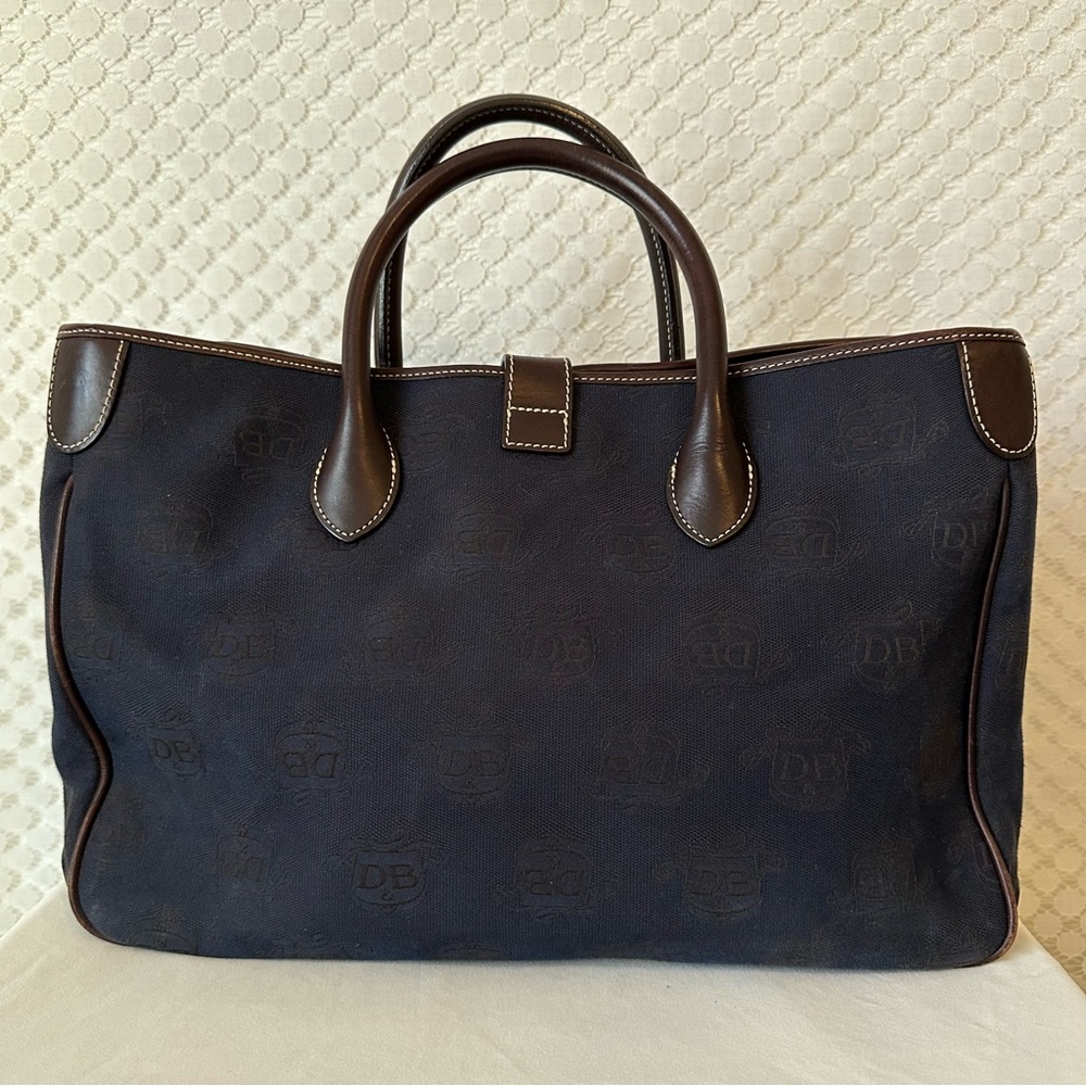 Dooney & Bourke Canvas Signature Double Handle Tote Leather Navy Blue Brown - Picture 3 of 9